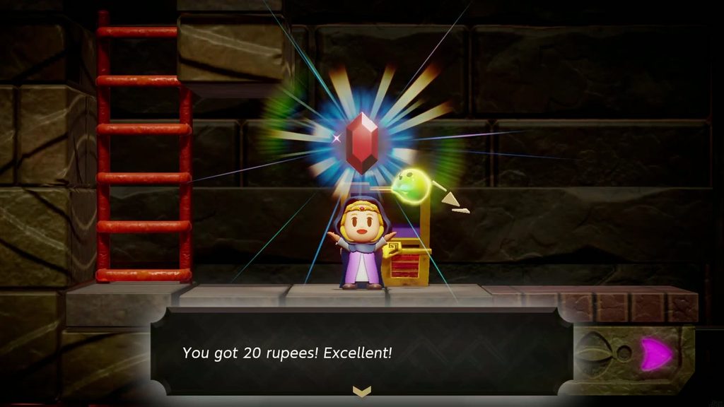 Zelda holds up 20 rupees from the chest along the Reverse Bond platform climb in Suthorn Ruins