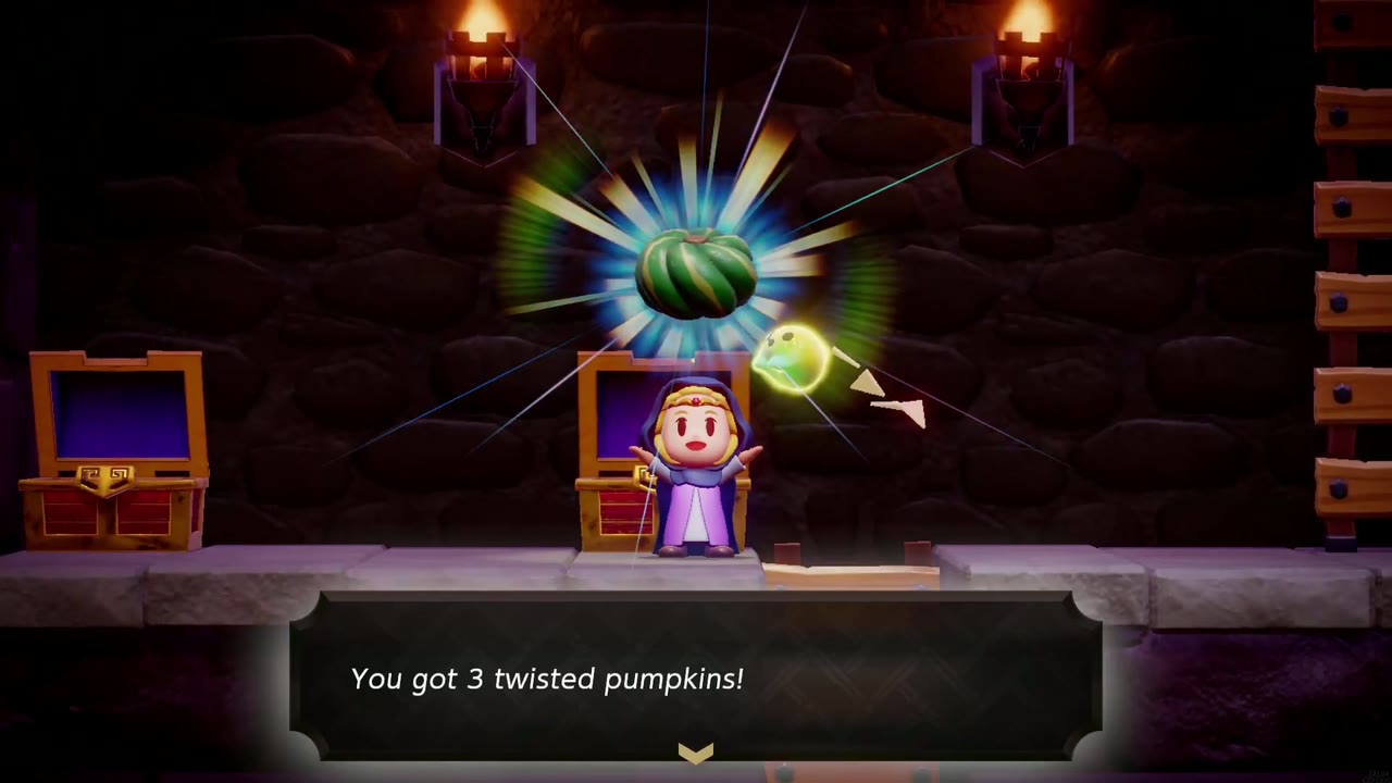 Hyrule Castle: Still Missing - The Legend of Zelda: Echoes of Wisdom Walkthrough 65 Zelda holds up 3 Twisted Pumpkins from the right chest beside the opened Floral Nectar chest.