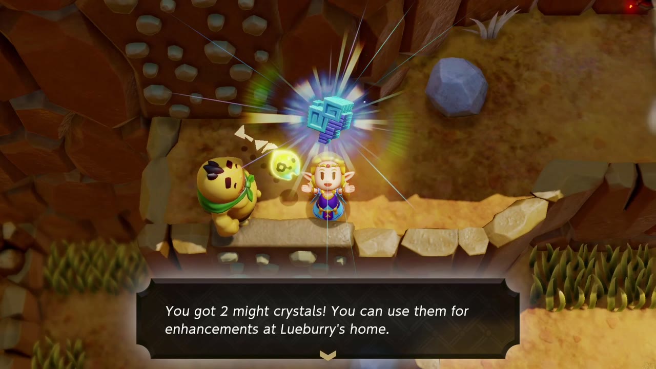 Zelda raises two might crystals beside Disian, the Goron glider, on a rocky Eldin Volcano clifftop.