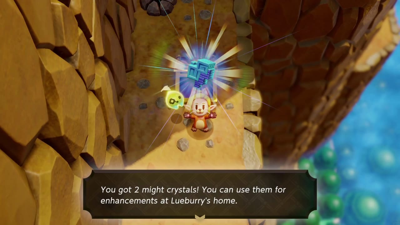 Zelda raises two might crystals on a narrow sandy ledge between a rock cliff and the river below Eldin Volcano Trail.