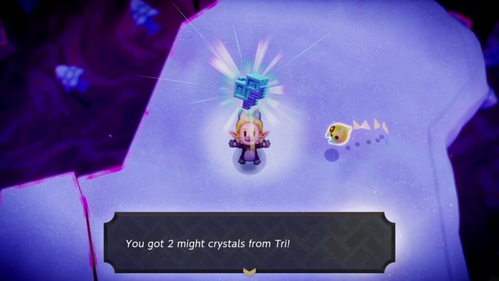 Hebra Mountain: A Rift on Holy Mount Lanayru - The Legend of Zelda: Echoes of Wisdom Walkthrough 78 After the passage rift is sealed, Zelda holds up the 2 Might Crystals Tri shares with her.