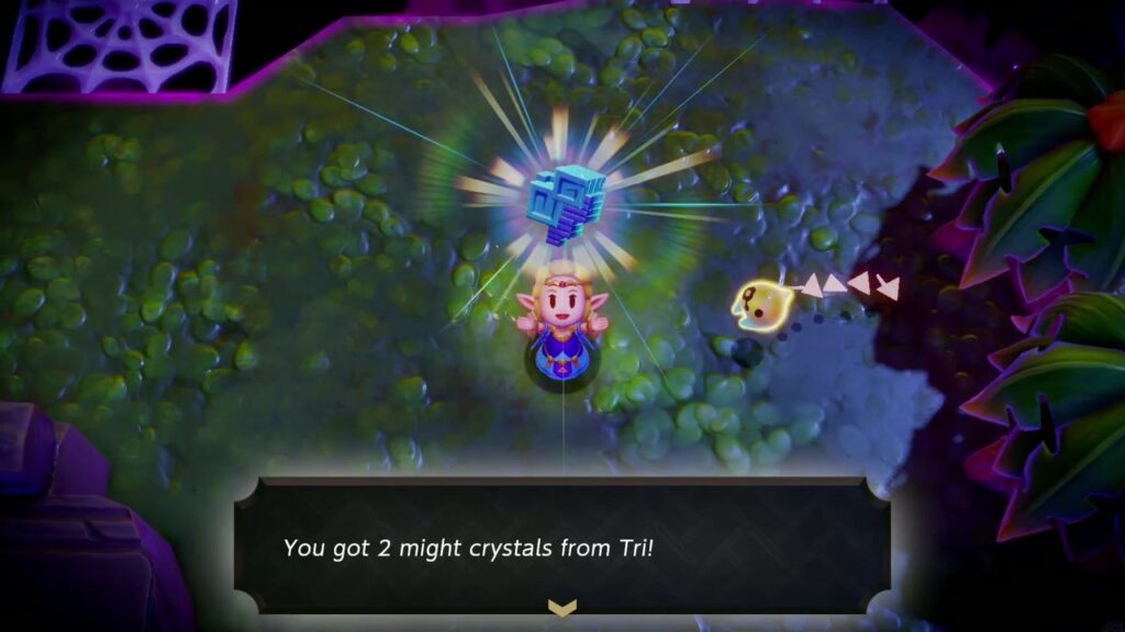 A Rift in the Faron Wetlands - The Legend of Zelda: Echoes of Wisdom Walkthrough 27 Zelda holds up a Might Crystal after sealing the rift: "You got 2 might crystals from Tri!"