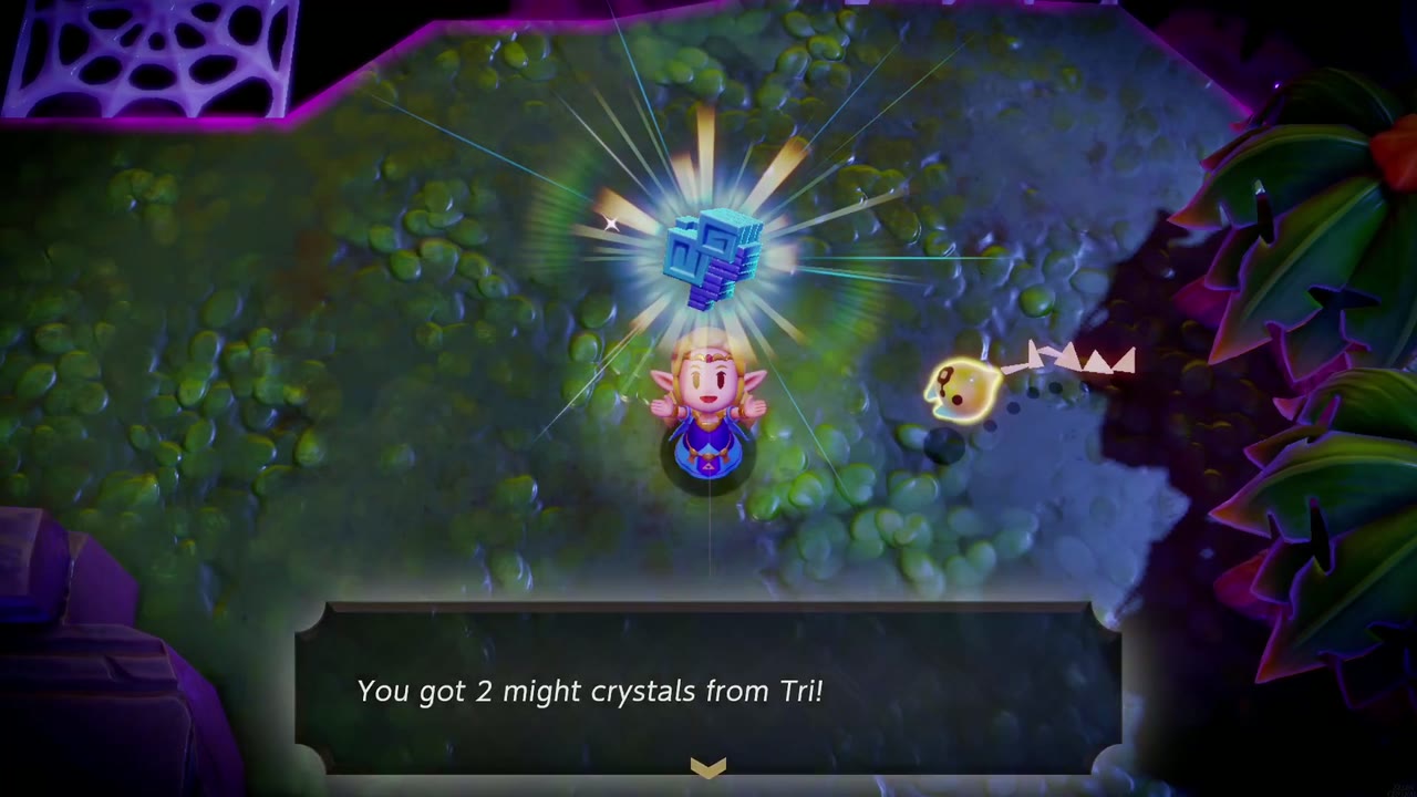 Zelda holds up two might crystals from Tri on a mossy ledge inside the purple Stilled Blossu's House rift