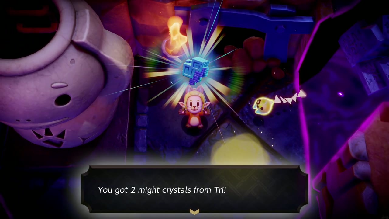 Zelda holds up 2 might crystals from Tri on the glowing entry pad of the Stilled Goron City rift, beside a big Goron pot.