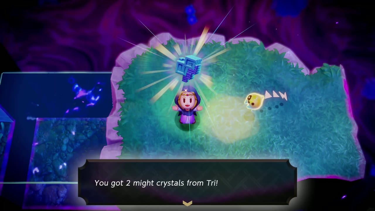 On a grassy island floating in the Still World, Zelda raises two might crystals; 'You got 2 might crystals from Tri!' box
