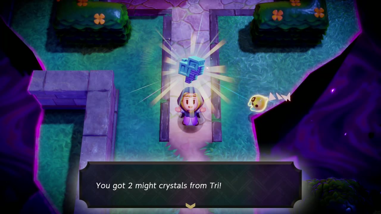 On the path before the stilled sanctuary chapel, Zelda raises two might crystals; 'You got 2 might crystals from Tri!' box