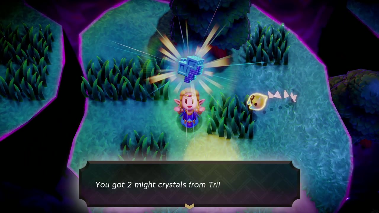 Zelda holds up two might crystals from Tri on a grassy floating island inside Stilled Southern Hyrule Field