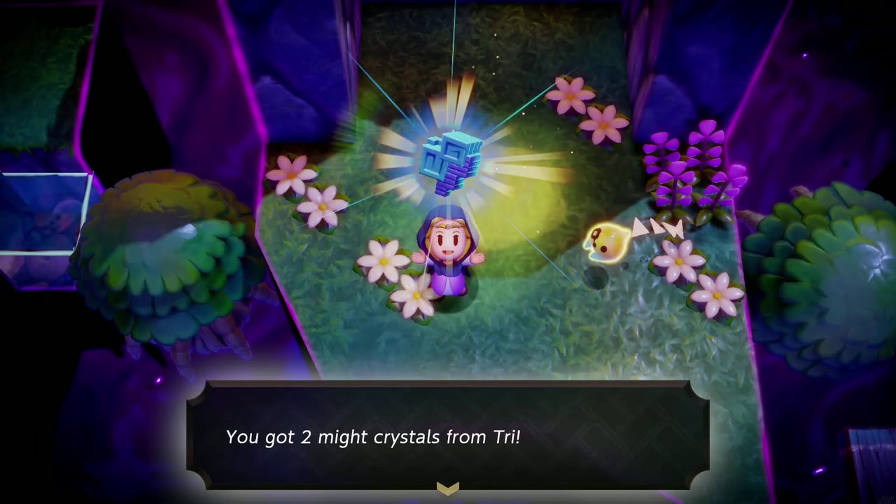In the dark Still World, Zelda raises two might crystals on a flowery ledge; 'You got 2 might crystals from Tri!' box below