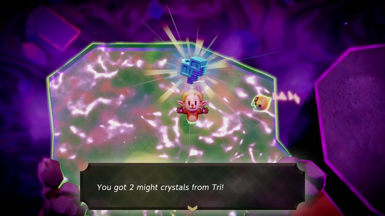 Zelda holds up 2 might crystals from Tri on the glowing entry pad of the Stilled Western Eldin Volcano rift.