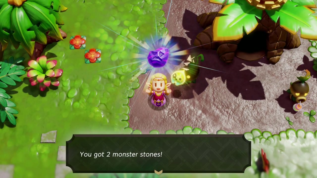 Zelda holds up 2 Monster Stones, her cut for bringing three electro apples as snake bait. Zelda holds up 2 Monster Stones, her cut for bringing three electro apples as snake bait.