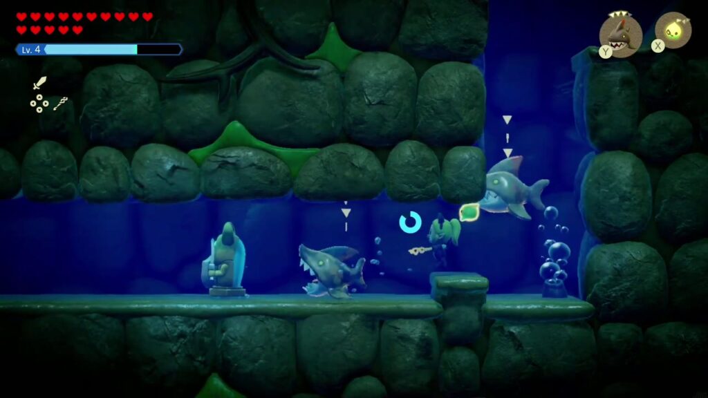 A Rift in the Faron Wetlands - The Legend of Zelda: Echoes of Wisdom Walkthrough 59 In the side-view underwater cave Zelda's Chompfin echoes attack an Armos statue patrolling the floor.