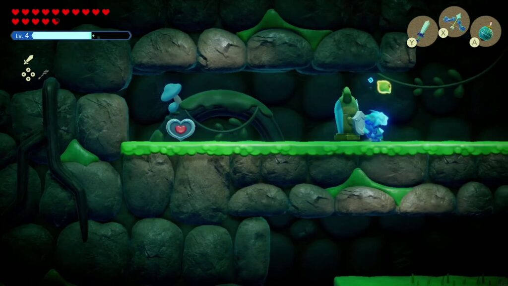 A Rift in the Faron Wetlands - The Legend of Zelda: Echoes of Wisdom Walkthrough 61 The Piece of Heart waits on the upper ledge beside a patrolling Armos statue while Zirros drop bombs.
