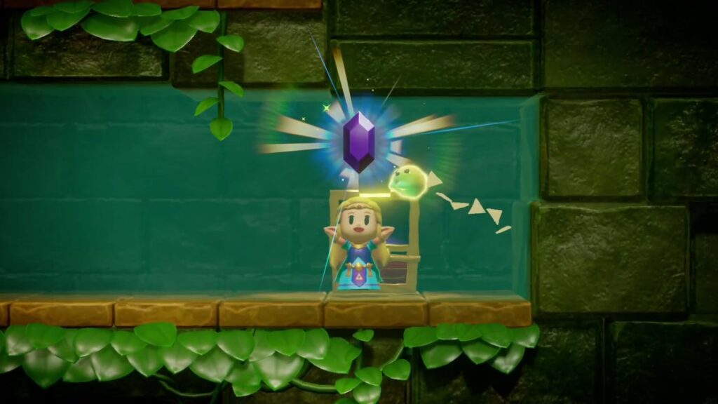 Faron Temple Dungeon - The Legend of Zelda: Echoes of Wisdom Walkthrough 31 Zelda holds up a purple Rupee from the chest in Faron Temple's flooded side-view statue room.