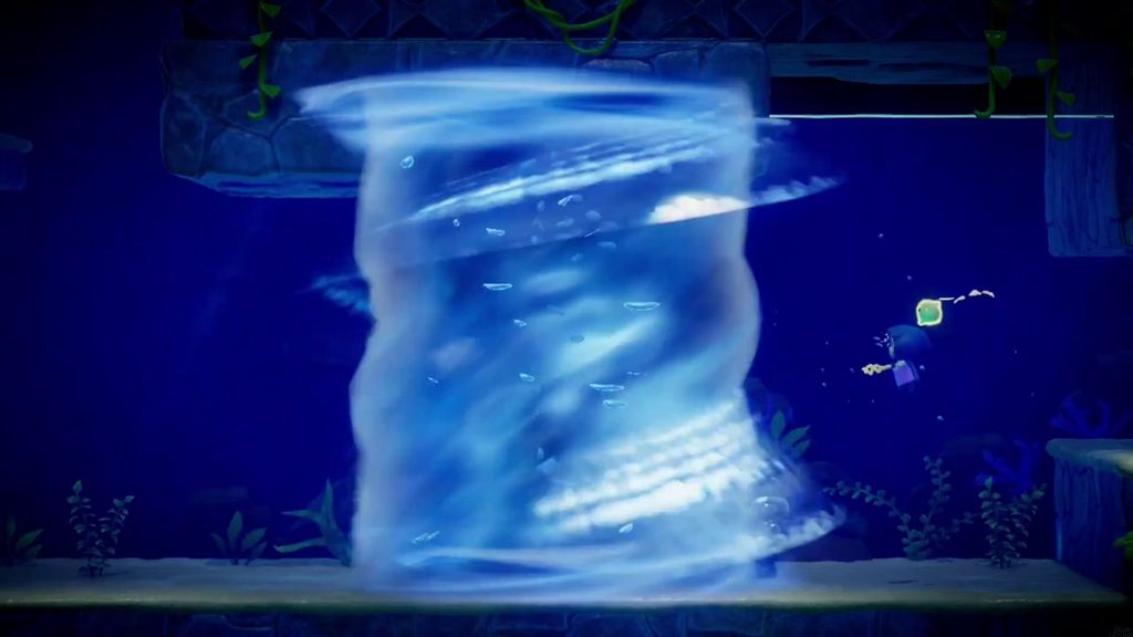 The creature's underwater whirlpool fills the left of the screen and starts chasing Zelda to the right.