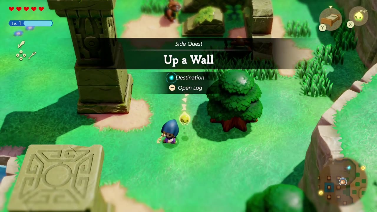 Up a Wall - The Legend of Zelda: Echoes of Wisdom Walkthrough 2 The "Up a Wall" side quest banner appears among Suthorn Prairie's stone pillars.