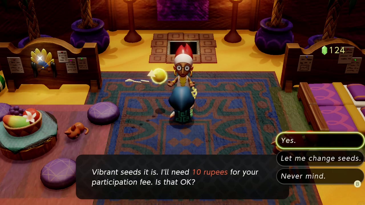Get Rich Quick! - The Legend of Zelda: Echoes of Wisdom Walkthrough 10 The researcher asks a 10-rupee participation fee for vibrant seeds, with a Yes. choice.