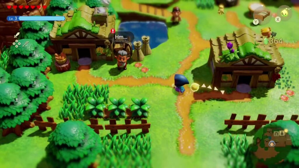 L'homme près de la maisonnette au bord de l'étang du village de Suthorn, avec une bulle de « Hm... », tandis que Zelda remonte le chemin.