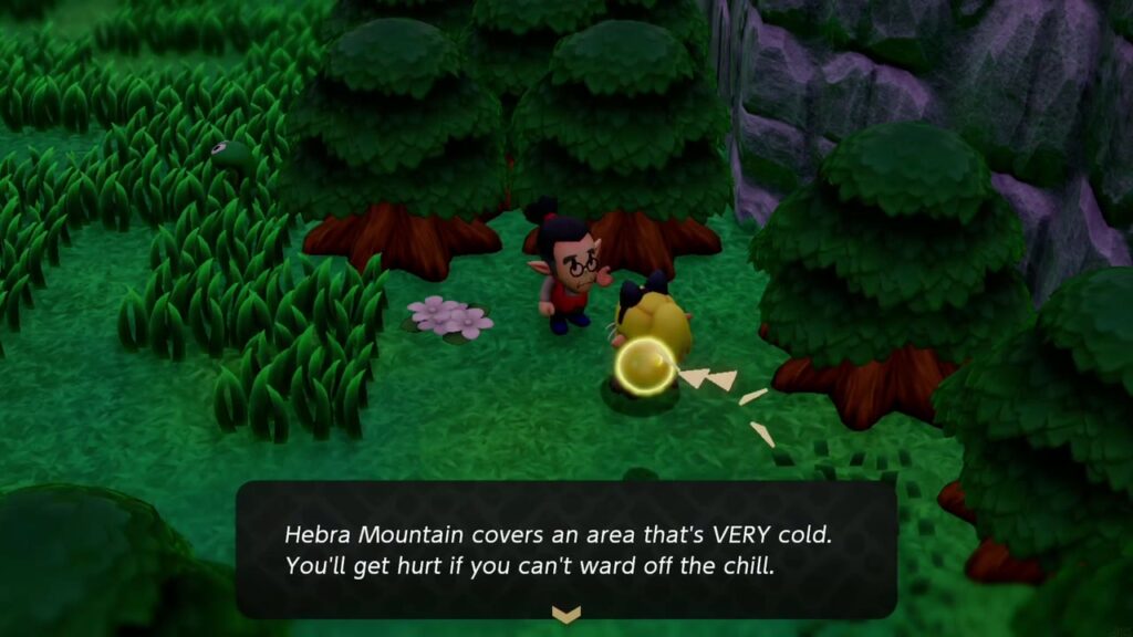 Hebra Mountain: A Rift on Holy Mount Lanayru - The Legend of Zelda: Echoes of Wisdom Walkthrough 3 A villager near the foothills warns that Hebra Mountain is very cold and hurts you if you can't ward off the chill.