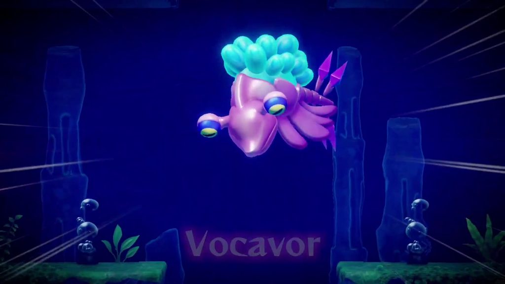 Vocavor, the bubble-crested Jabul Ruins boss, appears with its name card at the start of the underwater fight.
