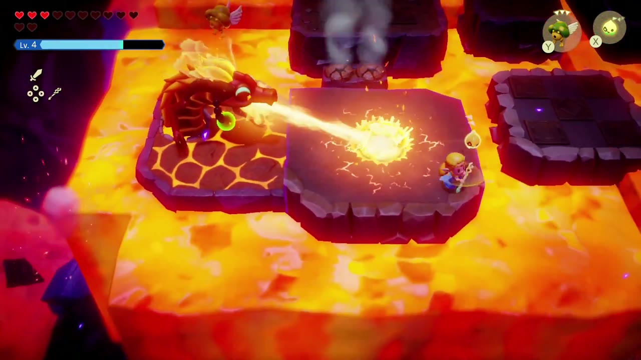 Eldin Temple Dungeon - The Legend of Zelda: Echoes of Wisdom Walkthrough 53 Volvagia breathes a fire beam that sets the platform next to Zelda ablaze in the boss arena.