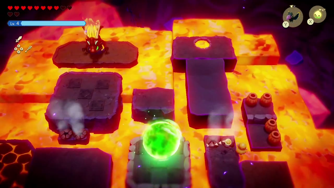 Eldin Temple Dungeon - The Legend of Zelda: Echoes of Wisdom Walkthrough 51 Volvagia surfaces at a lava hole and spits a large green orb across the stone platforms.