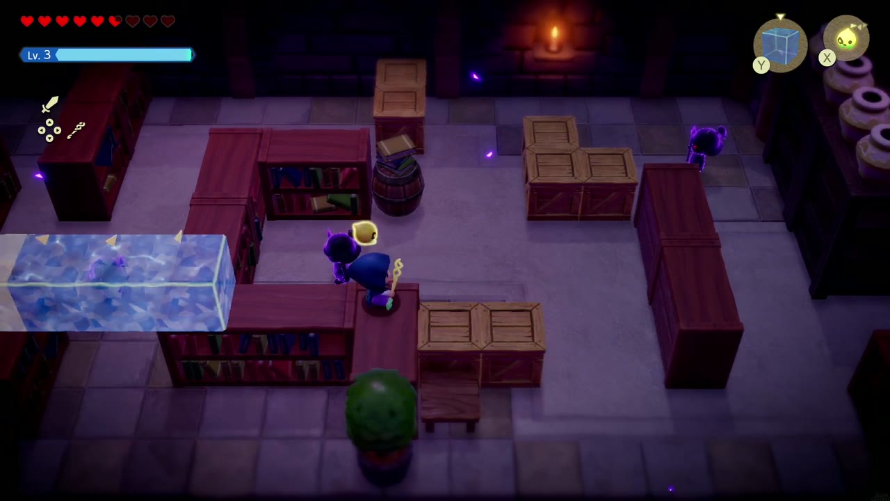 Hyrule Castle: Still Missing - The Legend of Zelda: Echoes of Wisdom Walkthrough 48 Zelda walks along the tops of the storeroom cabinets while shadow guards wander the floor below.