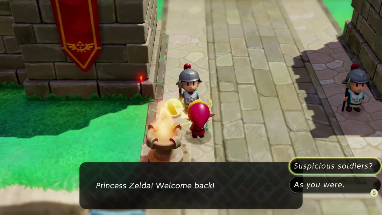 One Soldier Too Many - The Legend of Zelda: Echoes of Wisdom Walkthrough 4 A soldier near the castle gate greets Zelda, with the Suspicious soldiers? and As you were. options.