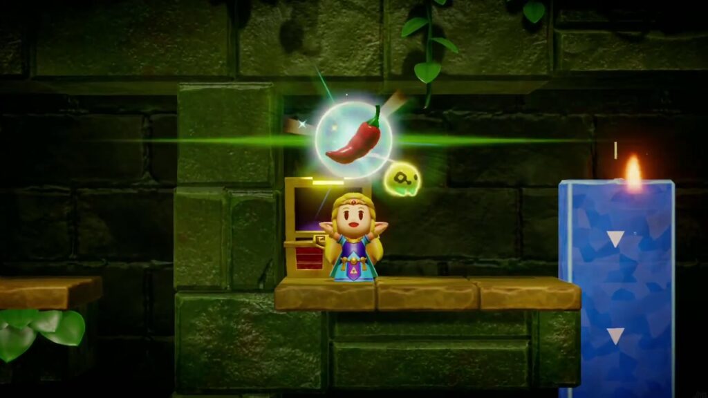 Faron Temple Dungeon - The Legend of Zelda: Echoes of Wisdom Walkthrough 43 Zelda holds up a Warm Pepper from the chest on an upper ledge of the Deku Baba shaft.