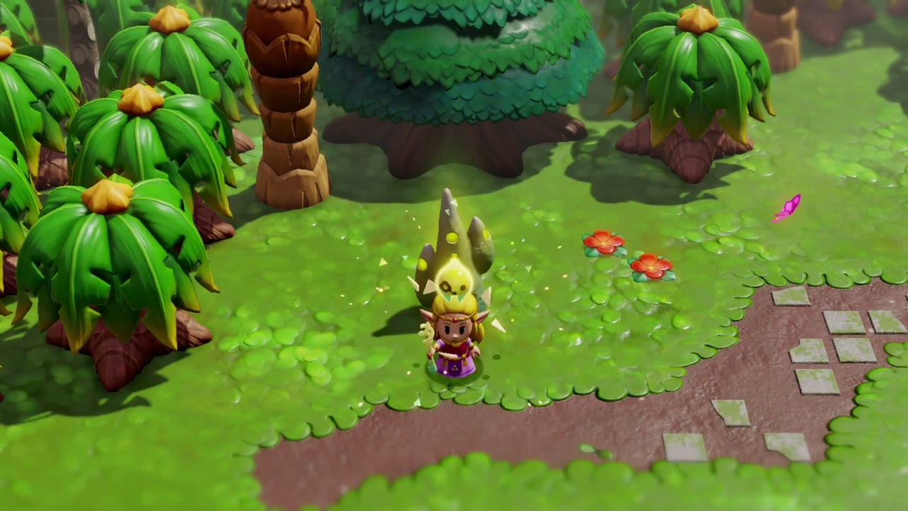 Zelda arrives at a waypoint statue on a paved path in the palm jungle of southeast Faron Wetlands. Zelda arrives at a waypoint statue on a paved path in the palm jungle of southeast Faron Wetlands.