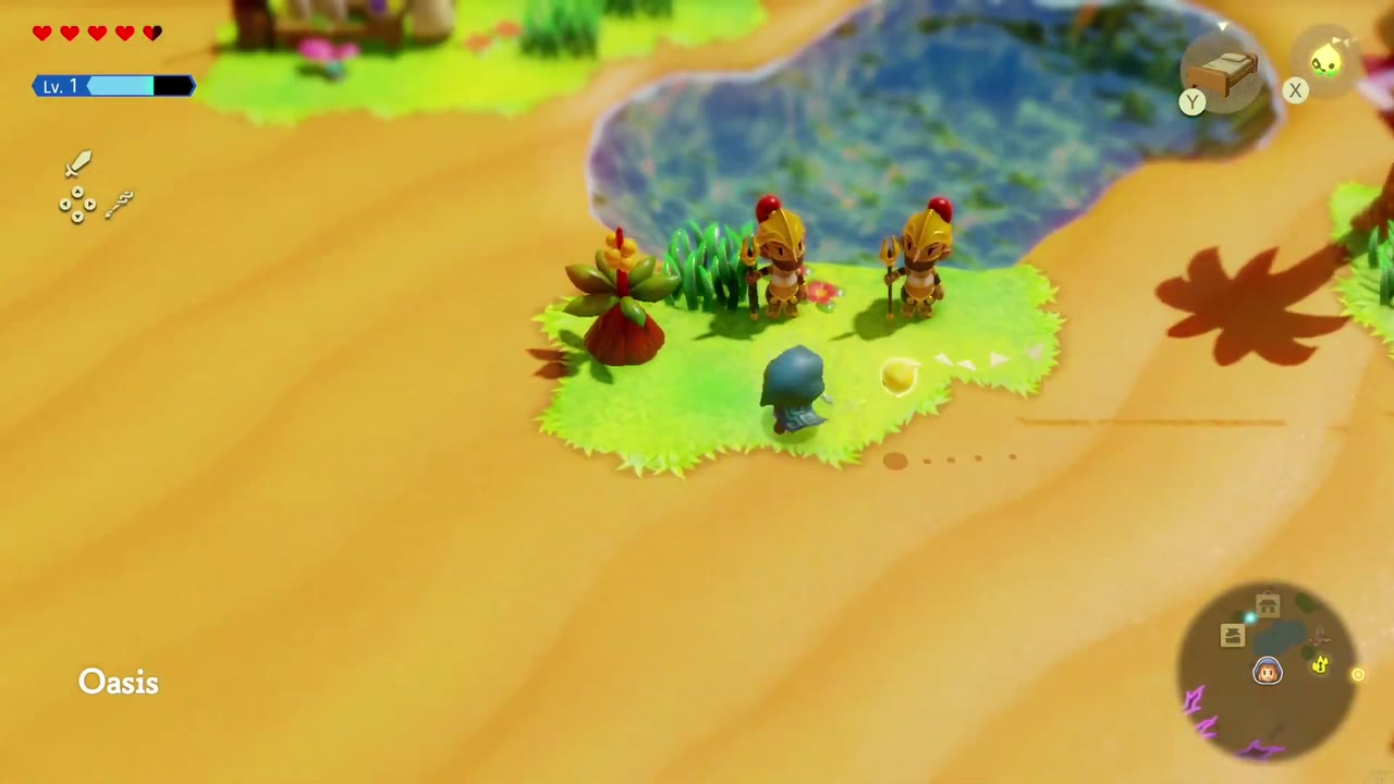 Zelda arrives back at the Oasis, with the area name shown in the corner. Zelda arrives back at the Oasis, with the area name shown in the corner.