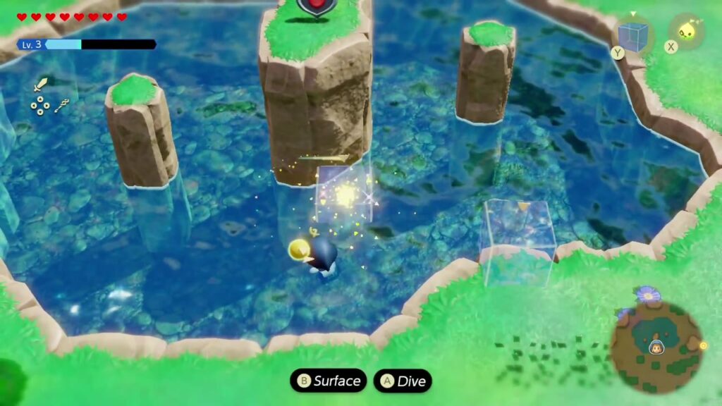 Zelda beschwört einen Wasserblock an der höchsten Säule im Teich, um zum Herzen hinaufzuschwimmen.