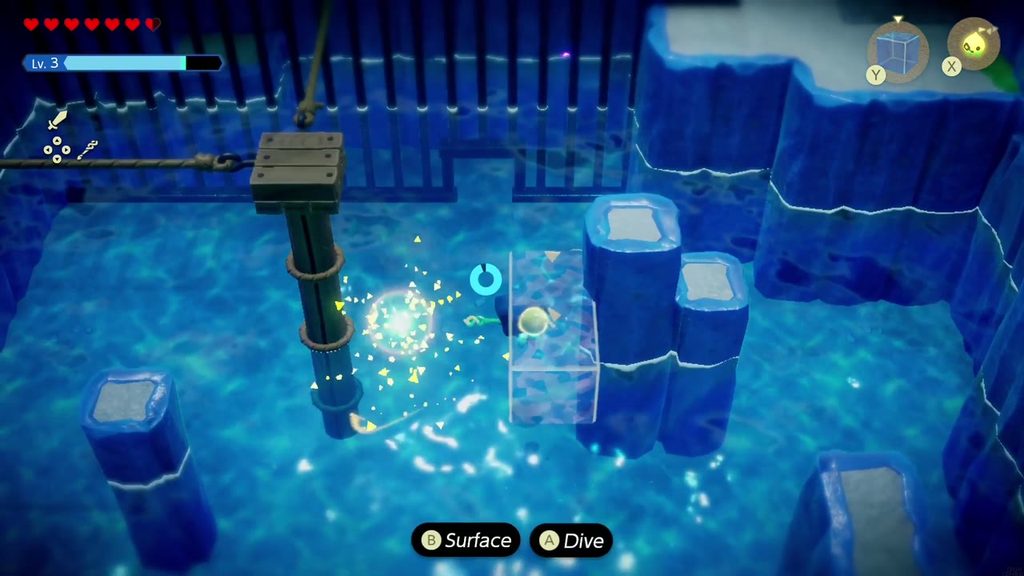 Zelda places a Water Block in the pool beside the wooden pulley post in the cage room.
