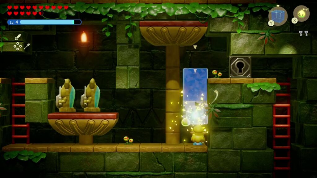 Faron Temple Dungeon - The Legend of Zelda: Echoes of Wisdom Walkthrough 70 Zelda summons a Water Block beside the raised right goblet to swim up to the right ledge.