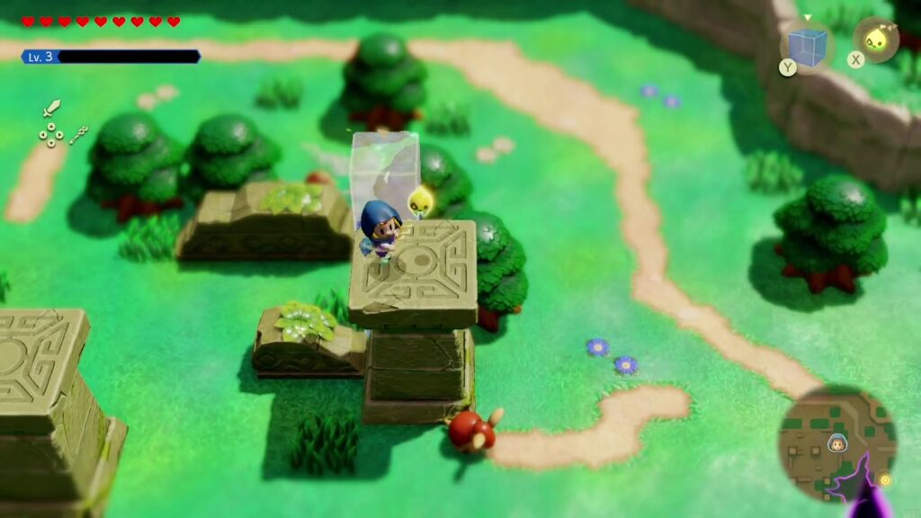 Zelda steht auf der Spitze der verzierten Säule, daneben steht der Wasserblock, auf den sie hinaufgeklettert ist.