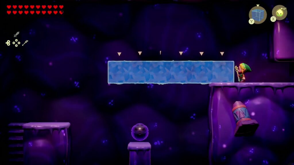 Null's Body: Final Dungeon - The Legend of Zelda: Echoes of Wisdom Walkthrough 22 A row of Water Block echoes forms a bridge across a wide gap in the side-view section of Null's Body.