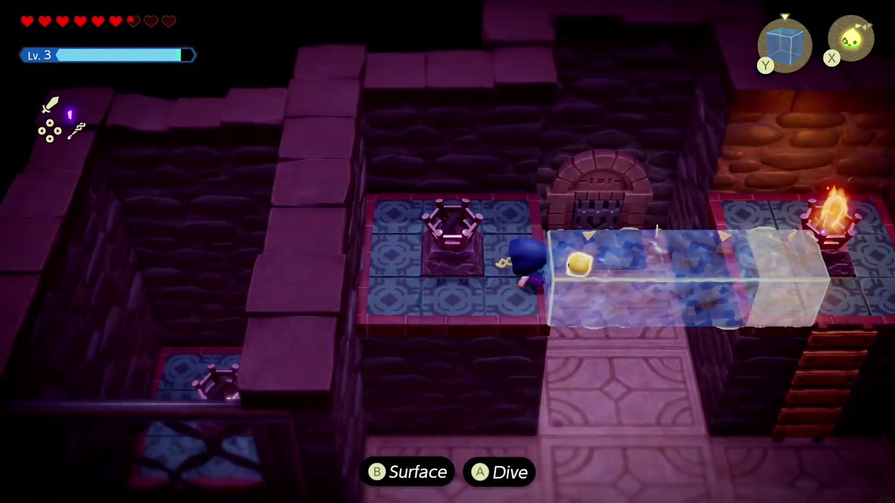 Hyrule Castle: Still Missing - The Legend of Zelda: Echoes of Wisdom Walkthrough 68 Zelda swims through a Water Block bridging from the lit right platform to the left platform's torch.