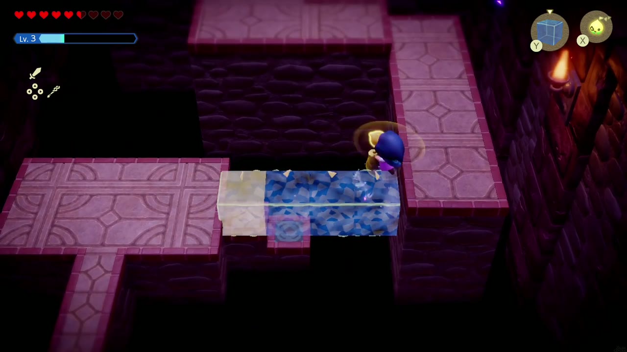 Hyrule Castle: Still Missing - The Legend of Zelda: Echoes of Wisdom Walkthrough 77 Zelda swims across a Water Block bridge spanning a gap between void walkways.