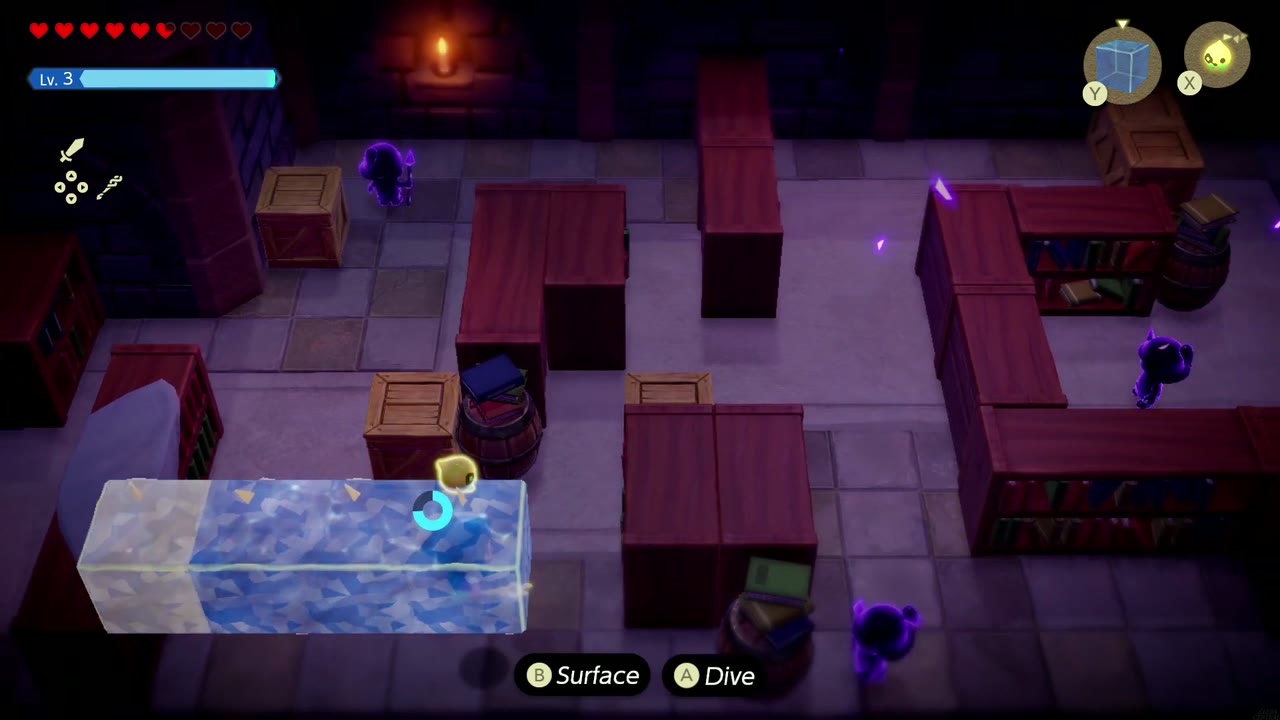 Hyrule Castle: Still Missing - The Legend of Zelda: Echoes of Wisdom Walkthrough 47 Zelda swims through a Water Block bridging two cabinets, staying above the patrolling shadow guards.