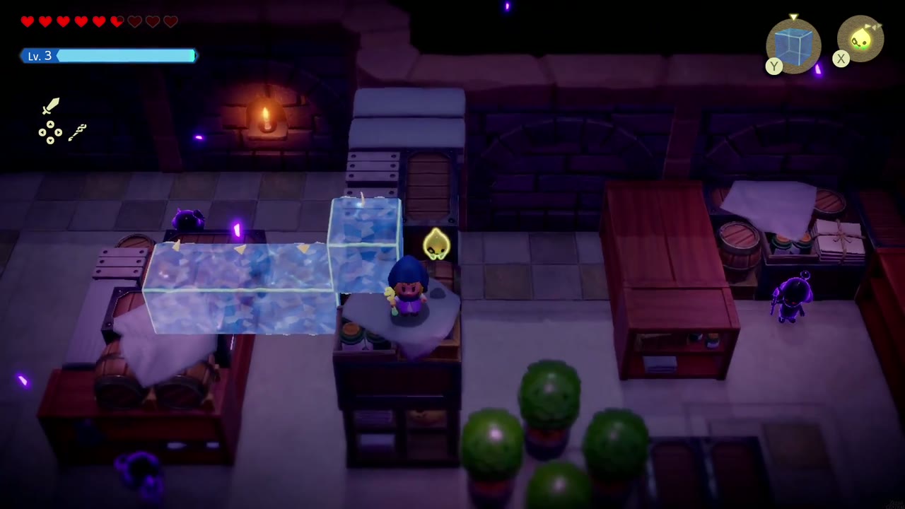 Hyrule Castle: Still Missing - The Legend of Zelda: Echoes of Wisdom Walkthrough 52 A chain of Water Blocks links the cabinets as Zelda works across the far side of the storeroom.