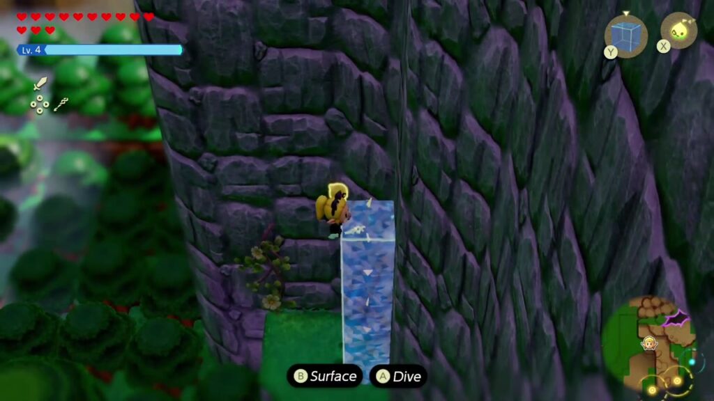 Hebra Mountain: A Rift on Holy Mount Lanayru - The Legend of Zelda: Echoes of Wisdom Walkthrough 5 Zelda rides a Water Block up the cliff face to reach the ledge with the blocked Hebra cave entrance.