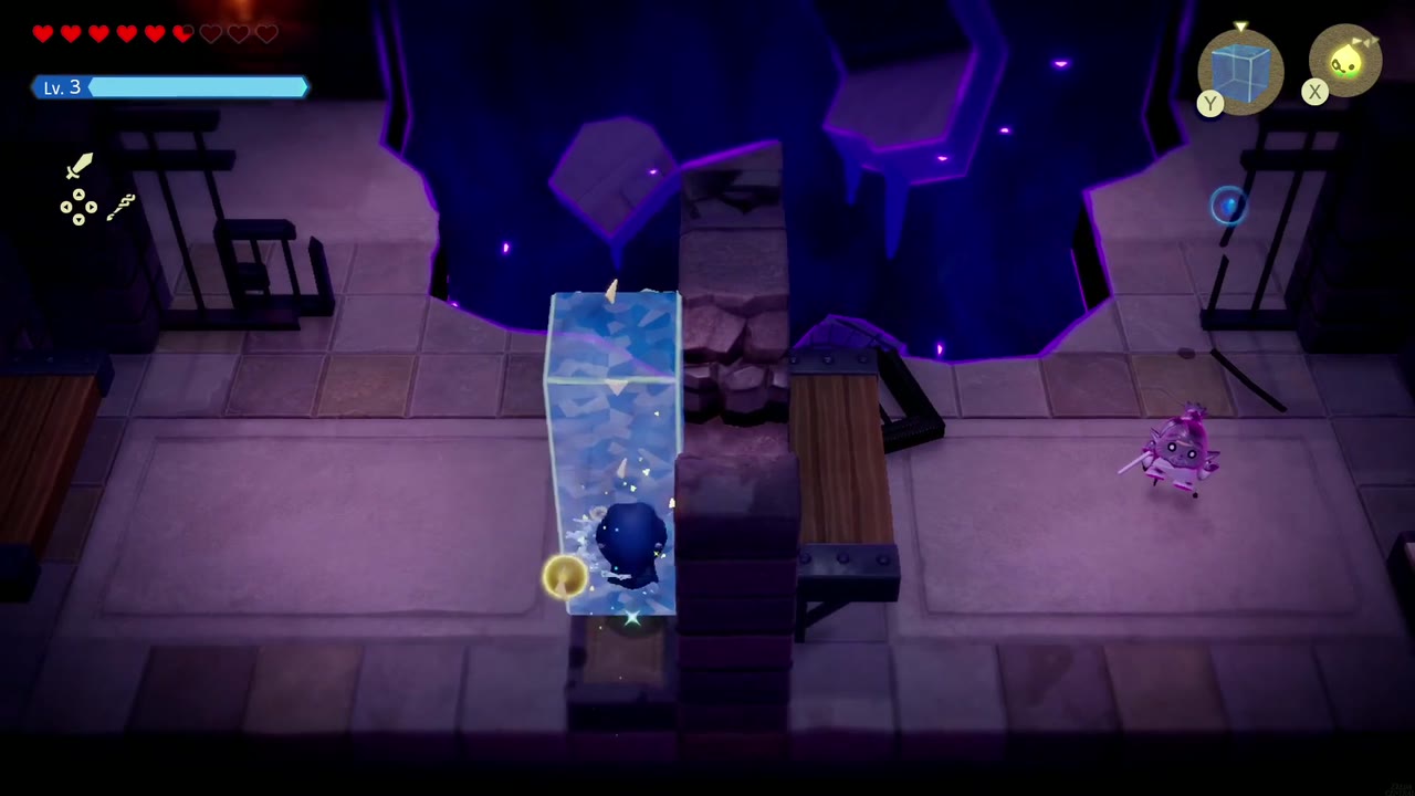 Hyrule Castle: Still Missing - The Legend of Zelda: Echoes of Wisdom Walkthrough 55 Zelda uses a Water Block to get over a broken wall into a rift-cut cell.