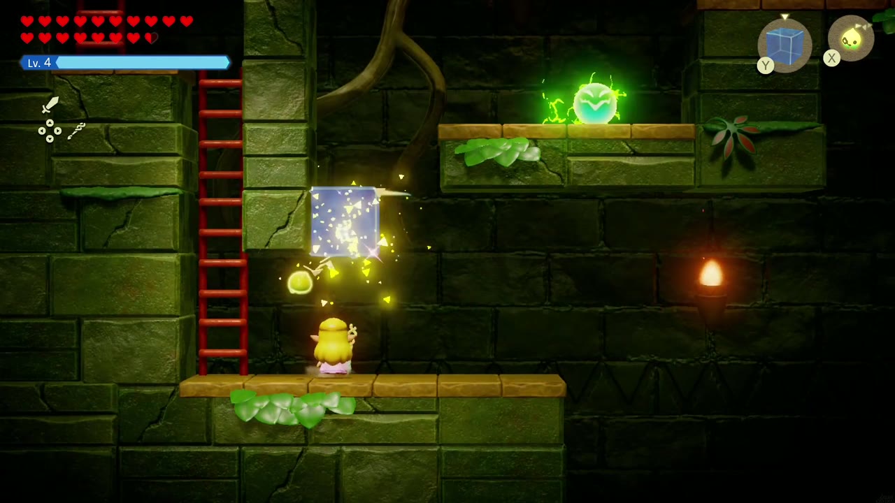 Zelda summons a Water Block beside a ladder in the first side-view room to swim up to a higher ledge. Zelda summons a Water Block beside a ladder in the first side-view room to swim up to a higher ledge.