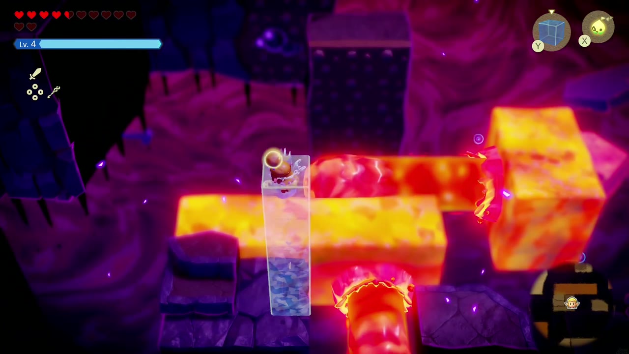 Eldin Temple Dungeon - The Legend of Zelda: Echoes of Wisdom Walkthrough 4 Zelda swims up a stacked Water Block echo to climb past a lavafall in Stilled Eldin Volcano.