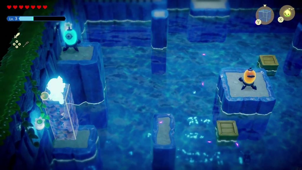 A stacked Water Block column on the left lets Zelda reach the third device on the tall ledge.