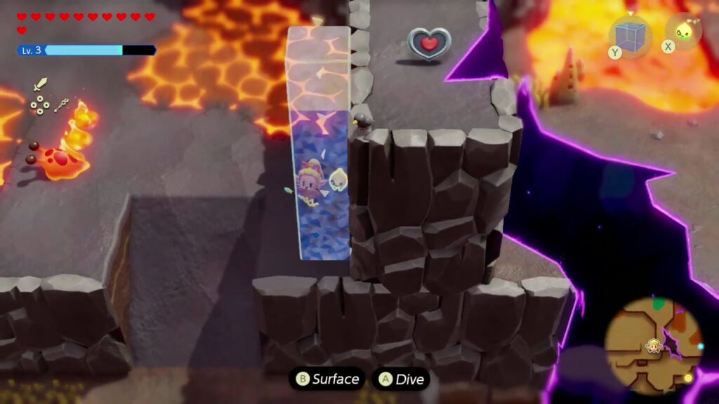 The Rift on Eldin Volcano - The Legend of Zelda: Echoes of Wisdom Walkthrough 76 Zelda swims up a Water Block placed against the stone block to reach the Piece of Heart.