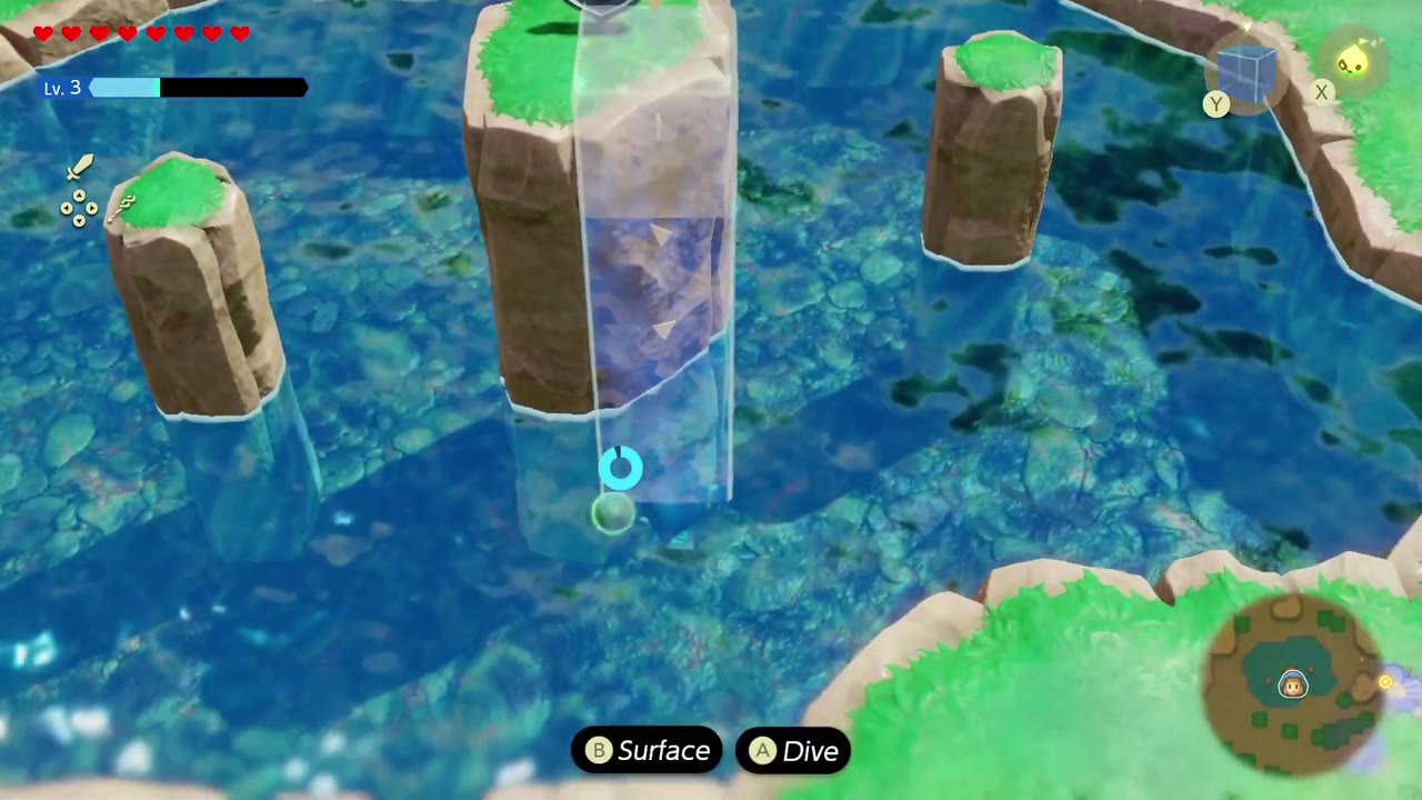 Hyrule Castle: Still Missing - The Legend of Zelda: Echoes of Wisdom Walkthrough 142 Zelda swims up a Water Block stacked against the tallest pillar in the pond.