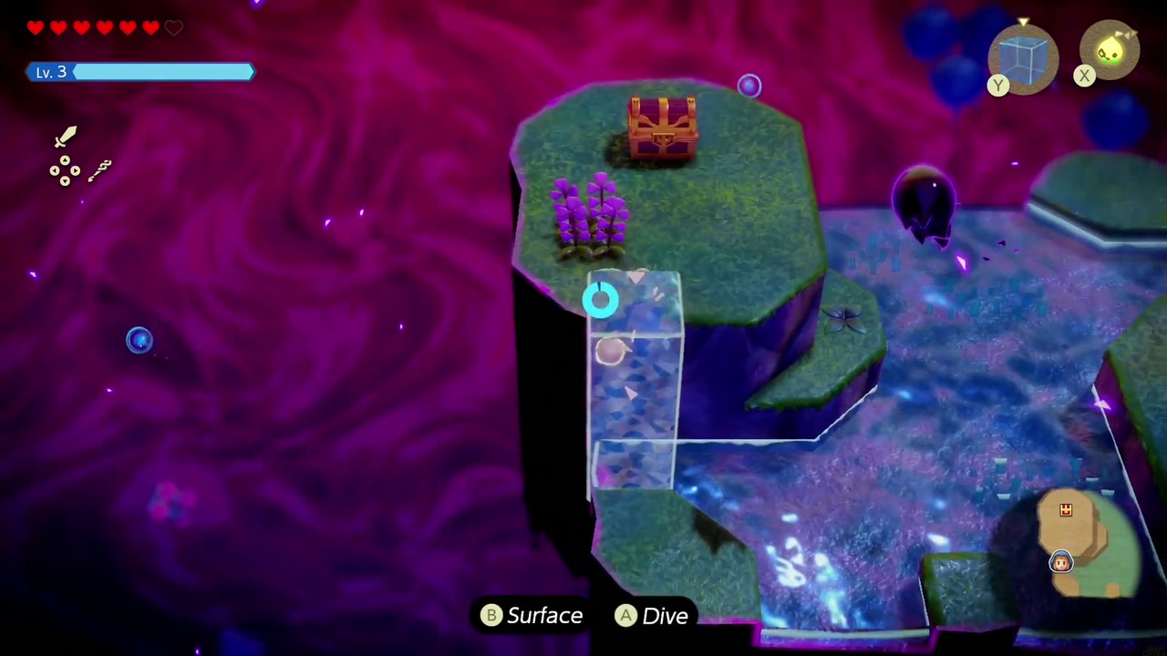 The Jabul Waters Rift - The Legend of Zelda: Echoes of Wisdom Walkthrough 79 Zelda swims up a Water Block onto the small island with the rupee chest in Stilled Jabul Waters.