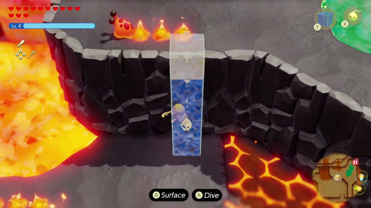 A Mountainous Mystery - The Legend of Zelda: Echoes of Wisdom Walkthrough 2 Zelda swims up a Water Block echo placed against a stone ledge on the lava fields.