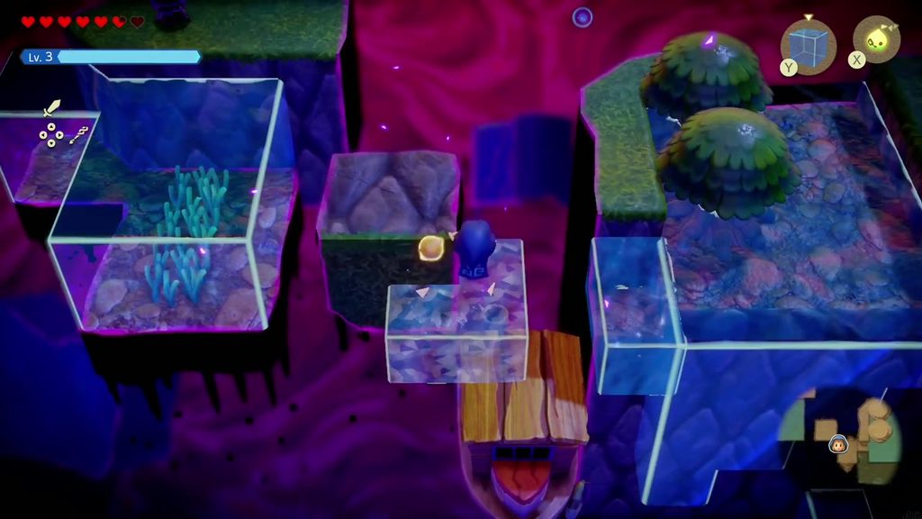 The Jabul Waters Rift - The Legend of Zelda: Echoes of Wisdom Walkthrough 73 Zelda stacks Water Blocks on a stilled boat floating in the void to reach the next pool.