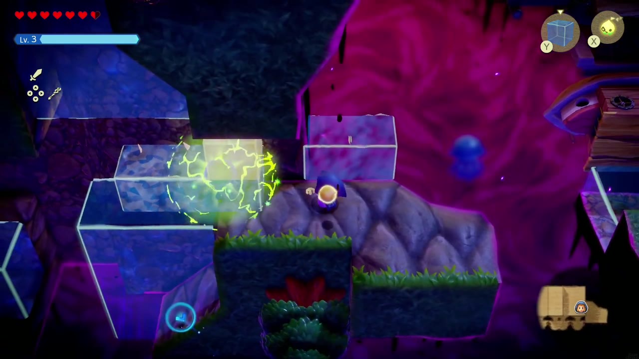 The Jabul Waters Rift - The Legend of Zelda: Echoes of Wisdom Walkthrough 76 Zelda builds Water Blocks along a rock ledge past a crackling electric orb drifting in the water.